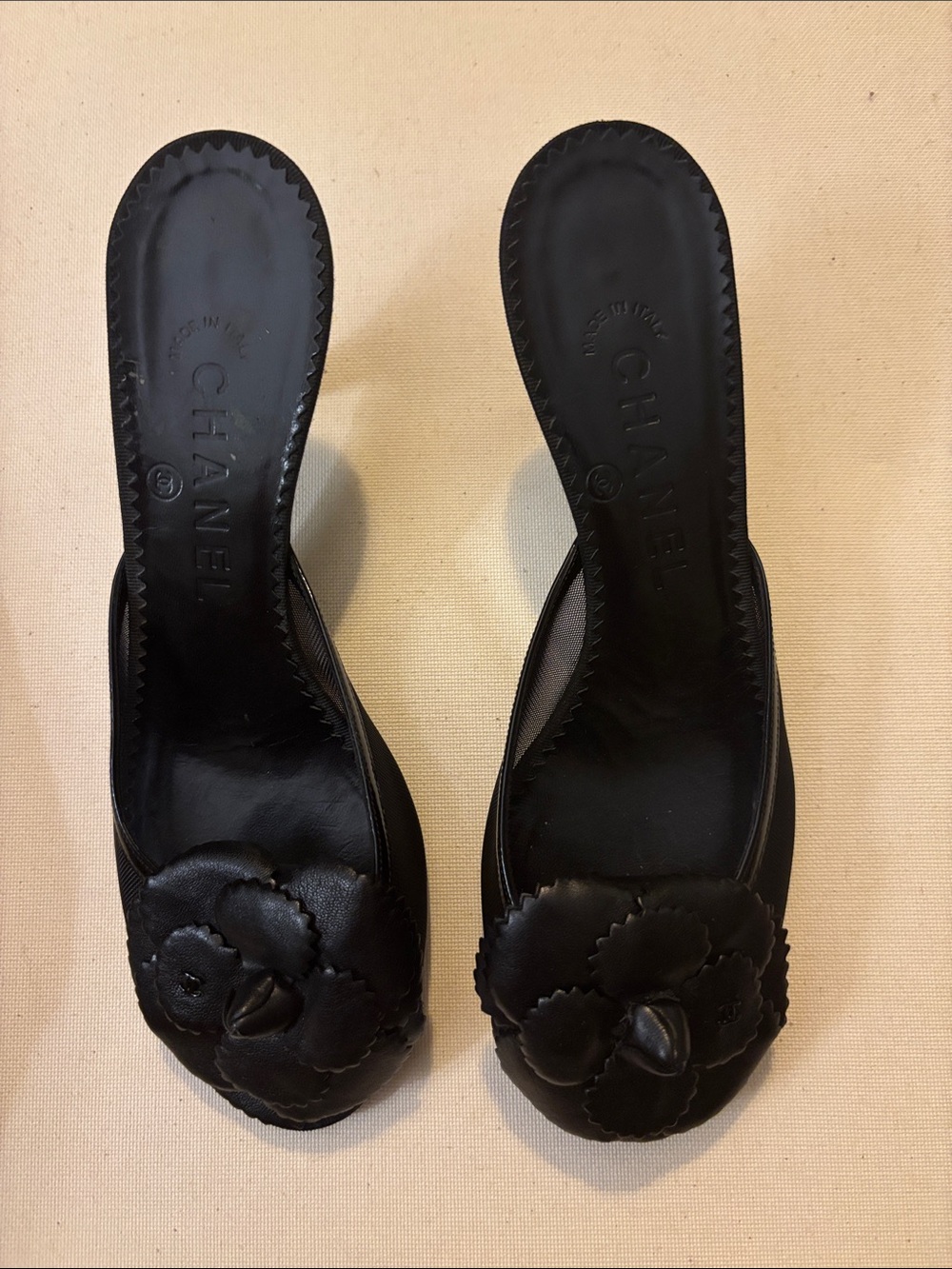CHANEL Black Leather Camellia Mule Slides